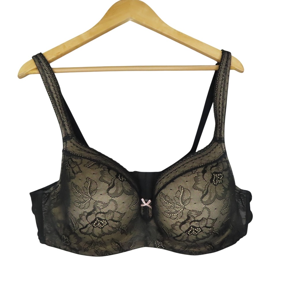 Cacique‎ Black Floral Lace Lightly Padded Underwire Bra 40D Pink Bow Detail
